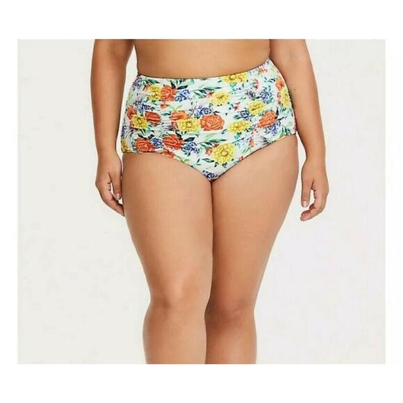 TORRID HIGH WAIST SWIMSUIT BOTTOM WHITE FLORAL RUCHED SWIM SZ 1 1X BIKINI - Picture 1 of 6